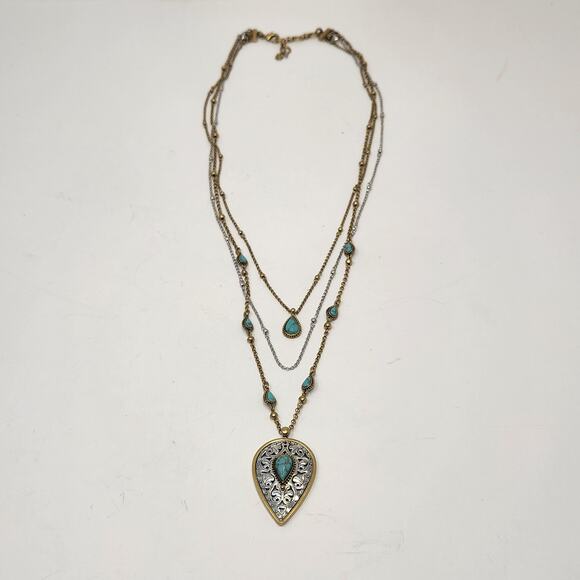 Lucky Brand Two Tone Layered Chain Necklace Faux Turquoise Teardrop Pendant - Picture 4 of 7